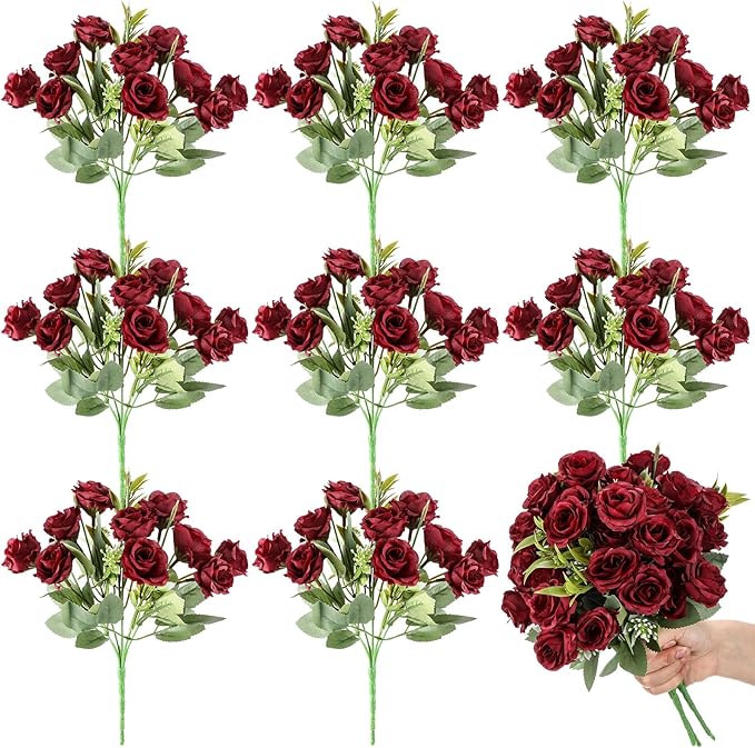 Zeyune 8 Pack 12 Inch Wedding Bouquets for Bride Bridesmaid Burgundy Artificial Rose Bouquet Fake Silk Roses Flowers Bunches Bulk for Home Office Garden Parties Decoration