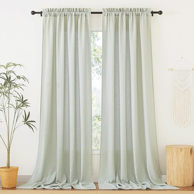 RYB HOME Privacy Semi Sheer Linen Curtains Extra Wide Curtains 108" Length, Rod Pocket Linen Blend Elegant Light Filtering Privacy Protected Panels for Farmhouse/Living Room, Sage, 52" W, 2 Panels