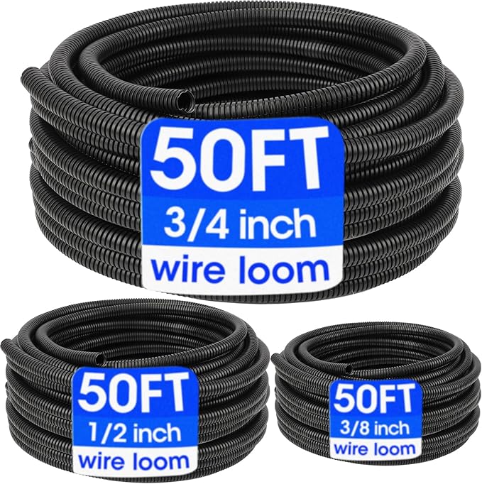 Wire Loom 3/8", 1/2", 3/4 Inch x 50 FT, Split Wire Loom Tubing Wire Conduit, Wire Protector Tubing, Cable Sleeves Bulk, Black