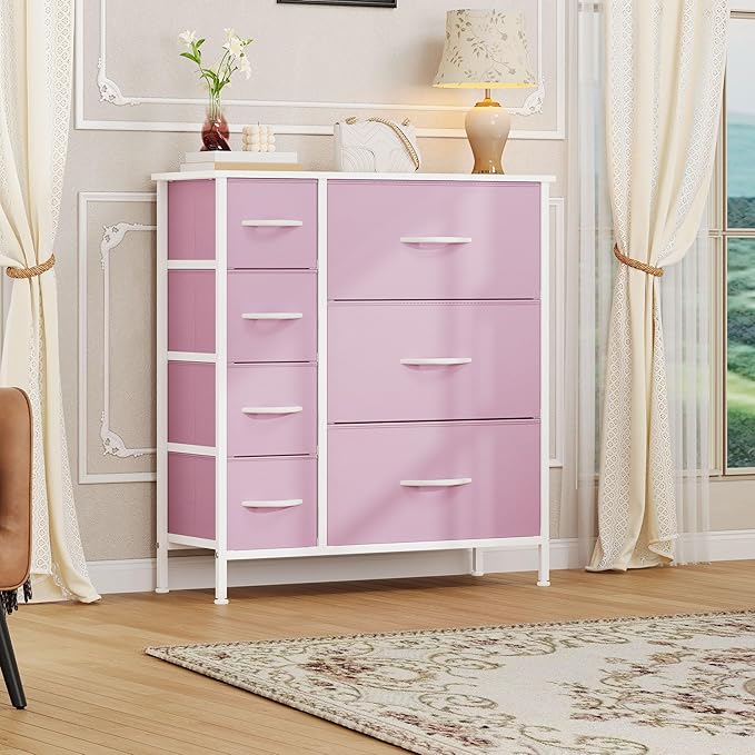 DWVO Dresser for Bedroom, 7 Drawers Fabric Dresser, Organizer Unit for Living Room, Hallway, Closets - Sturdy Steel Frame, Wooden Top & Easy Pull Fabric Bins, Pink