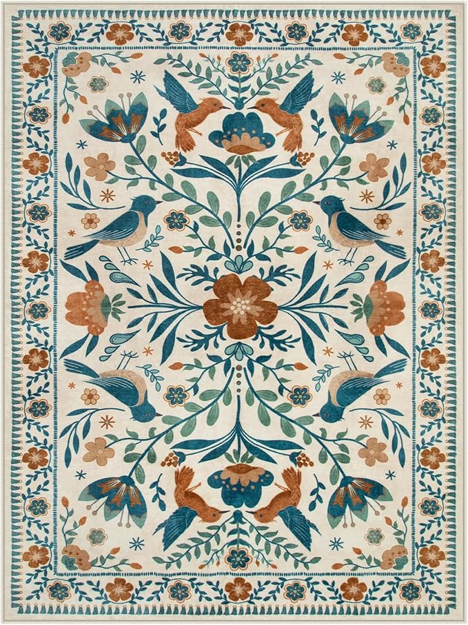 Moynesa Boho Bird 9x12 Area Rug Washable 9x12 Rugs for Living Room, Large Floral Bedroom Carpet Low-Pile Soft Animal Playroom Rug, Jungle Pattern Indoor Carpet for Dining Room Nursery
