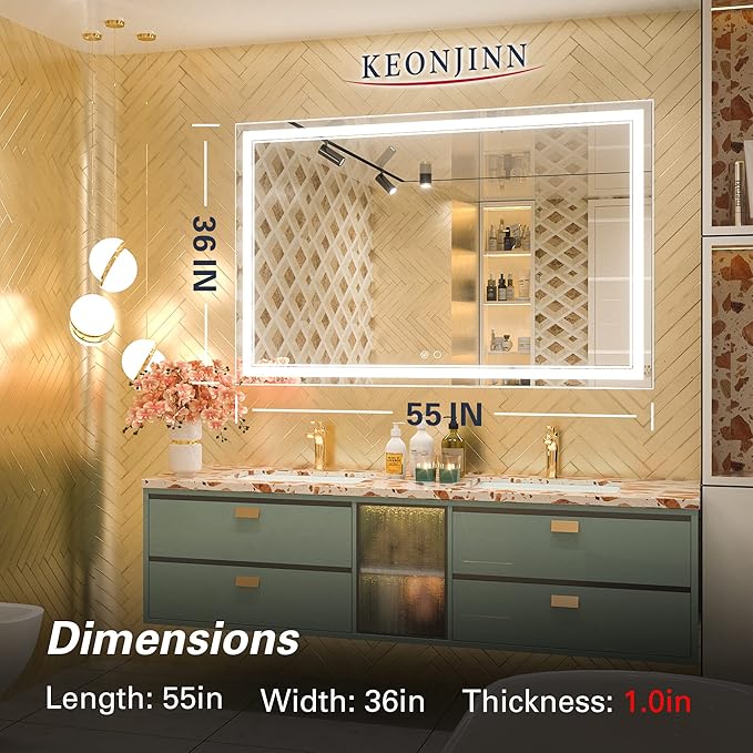 Keonjinn 55 x 36 Inch Bathroom LED Mirror, Oversized Lighted Bathroom Mirror, UL Listed LED Driver, HD Tempered Glass, Easy Installation, Anti-Fog, Memory Dimmable 6000K, CRI 90+(Horizontal/Vertical)