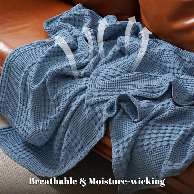 PHF 100% Cotton Waffle Weave Blanket King Size for Bed, Soft Lightweight & Breathable, All-Season Comfort, Luxury Aesthetic Woven Bedding for Home Decor, 108"x90", Denim Blue