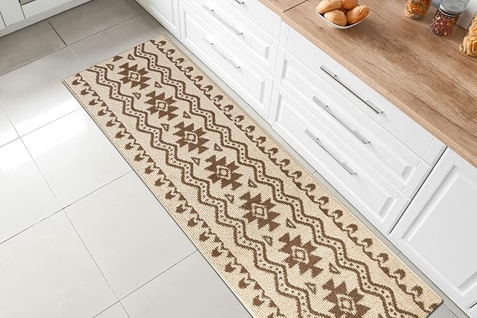 Custom Length Cut to Size Tribal Ethnic Southwestern Inspired Hallway Runner Rug, Non Slip Rubber Backed, 31 inch Wide X Customized Length, Aztec Beige, 31 inch X 15 feet