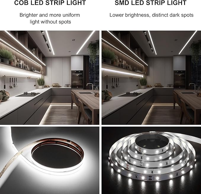 COB LED Strip 32.8ft,Dimmable Strip Lights, 6000K Daylight Super Bright LED Strip Lights, DC24V CRI90+,LED Tape Light with UL-Listed Power Supply, Indoor for Closet,Bedroom,Kitchen