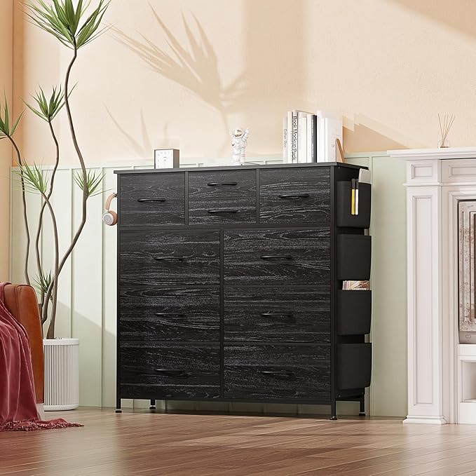 Dresser for Bedroom with 10 Drawers, Chest of Drawers with Side Pockets, Hooks, Wooden Top and Sturdy Metal Frame, Fabric Dresser Drawers for Living Room, Hallway (Black Wood Veins)