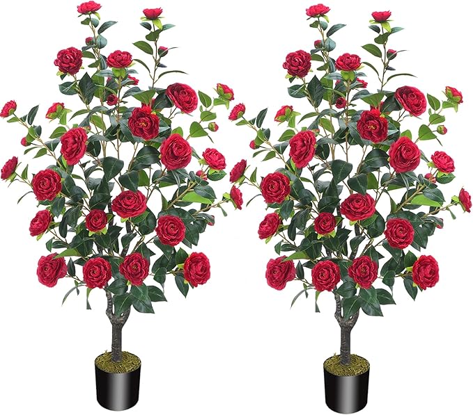 3.6FT Artificial Camellia Fake Tree, Artificial Plants & Flowers with 32 Red Flowers for Door Front Decoration Porch Patio Living Room Office Indoor Outdoor Decor (2PCS Contains Dried Moss)