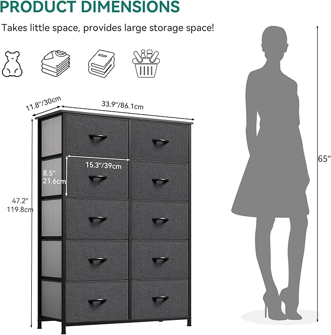 YITAHOME 10 Drawer Dresser - Fabric Storage Tower, Organizer Unit for Bedroom, Living Room, Hallway, Closets - Sturdy Steel Frame, Wooden Top & Easy Pull Fabric Bins (Black Grey)