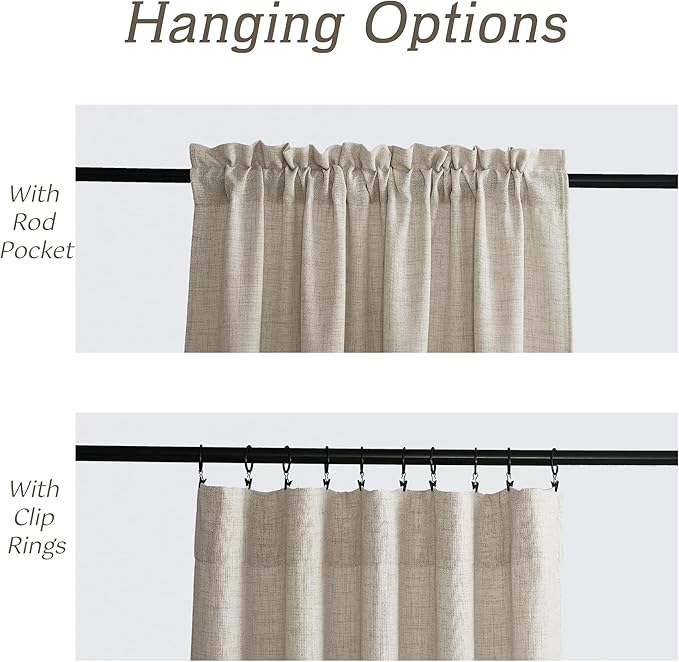 RYB HOME Natural Beige Linen Sheer Curtains 90 inches Long for Living Room and Dining Room, Weave Textured/Rod Pocket, Light Filtering Sheer Curtains and Drapes, W 52 x L 90 inches, 2 Panels Set