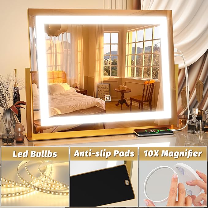 FENNIO Vanity Mirror with Lights 22''x18'' Makeup Mirror with Lights,Lighted Makeup Mirror with 10X Magnification and USB，Smart Touch Screen with 3-Color Lighting,Dimmable（Square Gold）