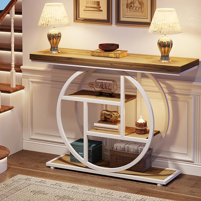Tribesigns 41.3" Console Table, Industrial 4-Tier Sofa Table Entryway Table with Circle Base, Narrow Wood Accent Tables with Storage Shelves for Living Room, Hallway, Foyer, Brown White