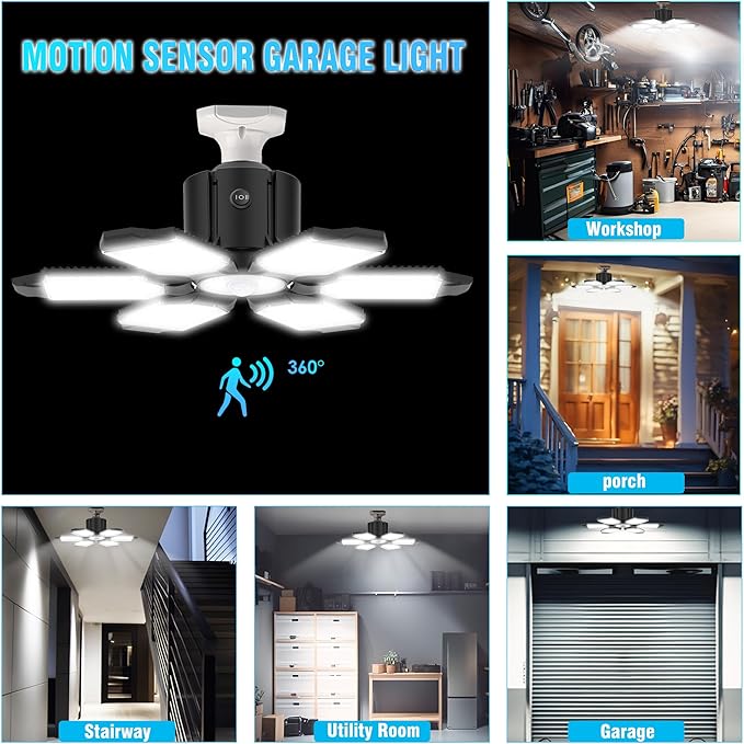 Motion Sensor Garage Light - 150W LED Garage Lights Motion Activated with PIR & Photocell Sensors,6 Adjustable Panels, for Attic Porch Stairway