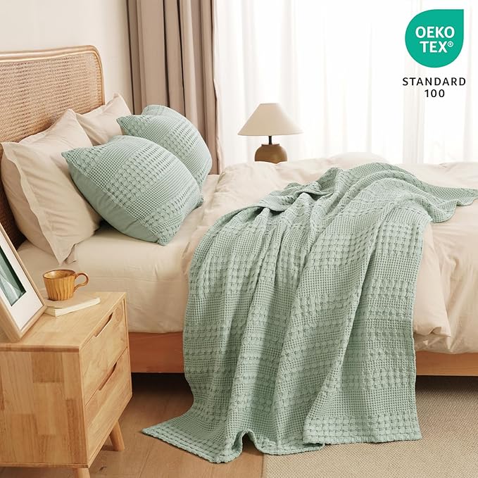 PHF 100% Cotton Waffle Weave Throw Blanket, Soft Lightweight Breathable Cozy Throws for Couch Bed Sofa, Luxury Aesthetic Woven Blanket for Home Decor & Office, 50"x60", Mint Green