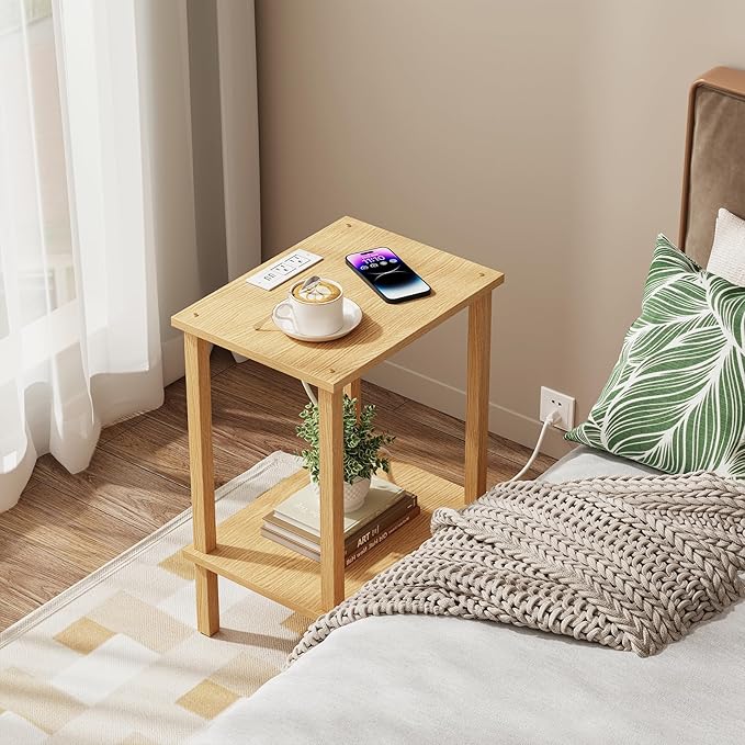 TUTOTAK End Table with Charging Station, Small Side Table with Outlets, Nightstand Bedside Table, 2-Tier Storage Shelf for Small Space, Living Room, Bedroom, Natural TB01BN040