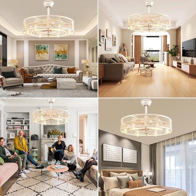 DLLT Caged Ceiling Fan with Lights: 26" Bladeless Fandelier with Light and Remote - Cement Industrial Chandelier Fan Light for Bedroom Living Dining Room Kitchen