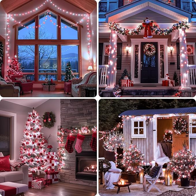 JMEXSUSS 2 Pack Red and White Battery Christmas Lights, Each 33ft 100 LED Battery Powered String Lights with Remote for Tree Patio Yard House Party Birthday Outside