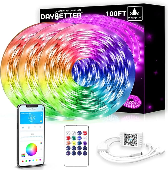DAYBETTER Waterproof Led Lights for Bedroom, 100ft (3 Rolls of 32.8ft) Led Strip Lights, 900 LEDs Color Changing RGB 44 Keys Remote Controller, 12v for Outdoor Room Home Party Christmas Decoration