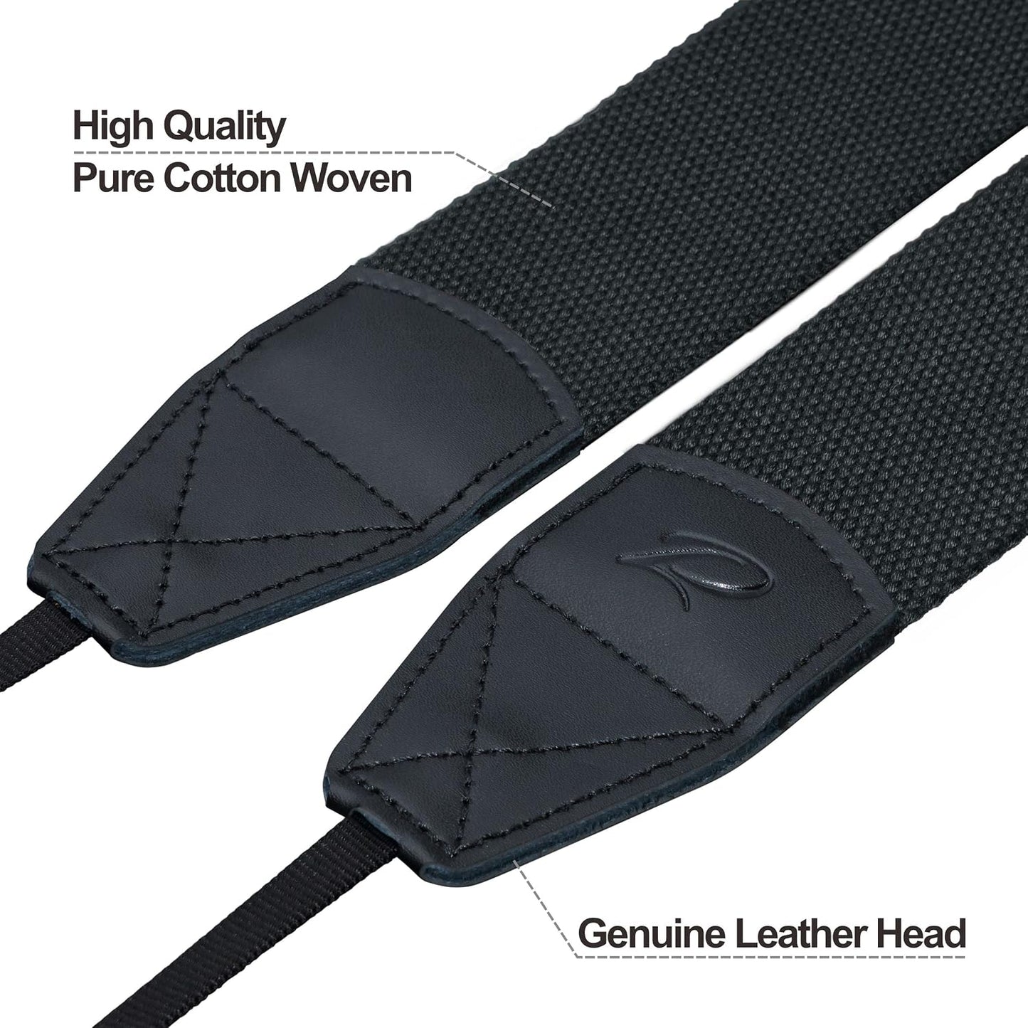 2" 2 Padwa Lifestyle Black Camera Strap - Wide Cotton Woven Genuine Leather Head Camera Straps,Complimentary Pcs Quick