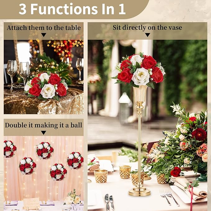 NUPTIO Pcs of 10 Fake Flower Ball Arrangement Bouquet,15 Heads Plastic Roses with Base, Suitable for Our Store's Wedding Centerpiece Flower Rack for Parties Valentine's Day Home Décor (Red & White)