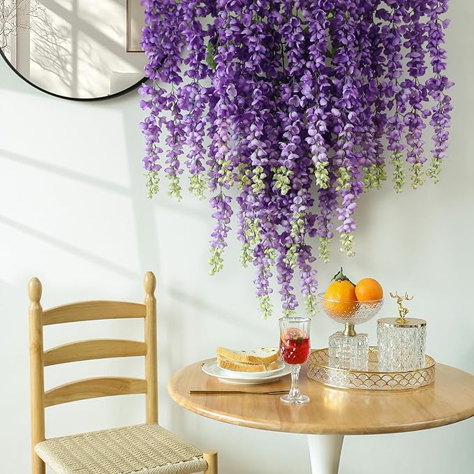 mizii 6Pcs Purple Wisteria Hanging Flowers 48" Silk Wisteria Artificial Flowers Garland Vines Fake Hanging Flowers Decoration for Wedding Flower Wall Backdrop Centerpieces Party Room Decor (Purple)