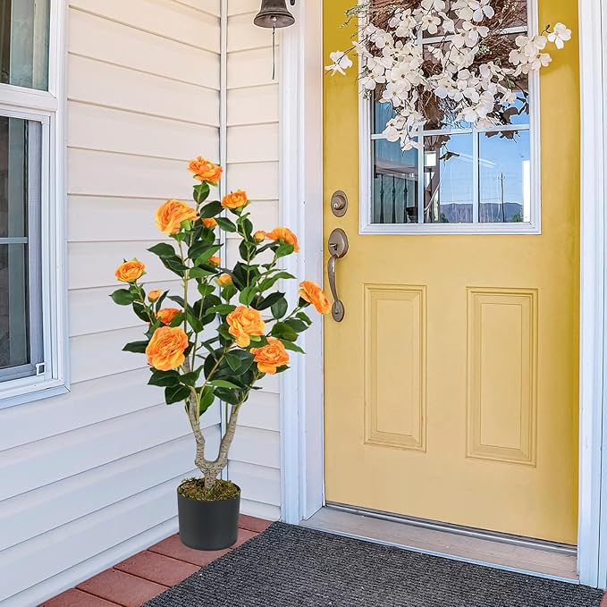 GOFLAME 3FT Artificial Camellia Tree, Faux Camellia Plant with Orange Flowers, Solid Wood Trunk, Realistic Moss, Greenery Potted Decoration Tree for Indoor Outdoor Home Porch Front Door