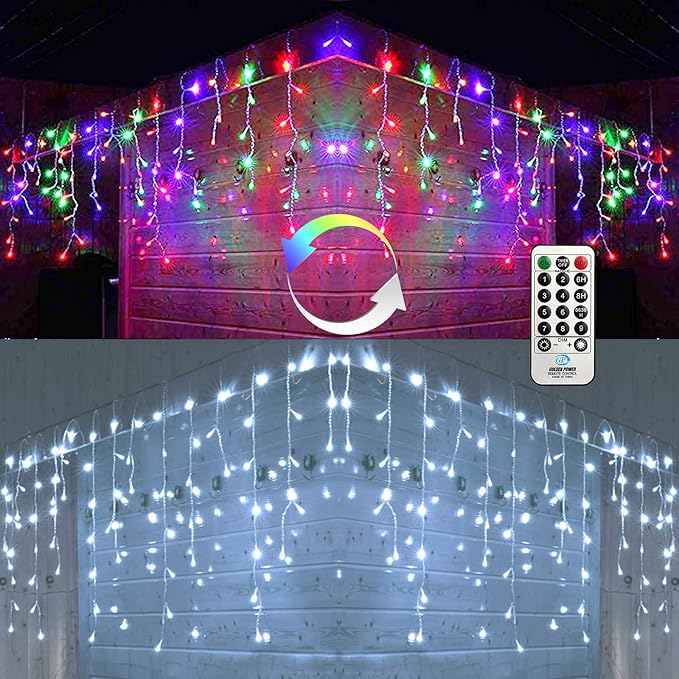 Toodour Christmas Icicle Lights Outdoor, 2 in 1 White & Multicolor Color Changing Icicle Lights with 60 Drops, 29.5ft 360 LED Christmas Light Fairy Twinkle Light for Wedding Home Outdoor Xmas Decor