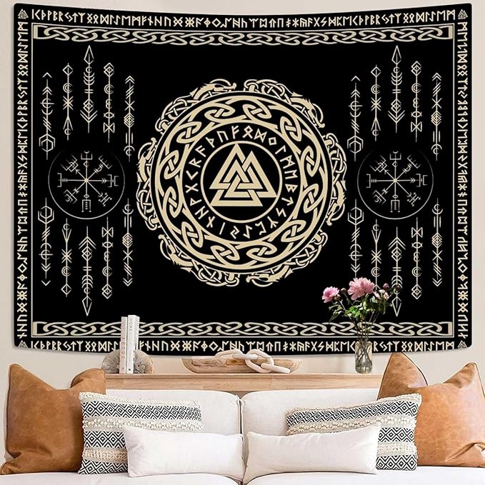 OSUNBD Nordic Viking Tapestry Wall Hanging - Large 106x70 inches Soft Flannel with Valknut, Celtic Runes & Norse Mythology Scandinavian for Bedroom, Living Room Decor