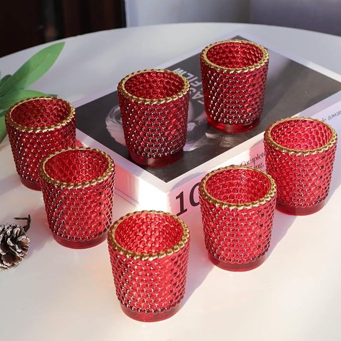 WOHO 24pc Red Votive Candle Holders for Table Centerpiece, Tealight Candle Holder Bulk with Gold Rim, Glass Tea Lights Candle Holder for Christmas, Valentine’s Day Decor