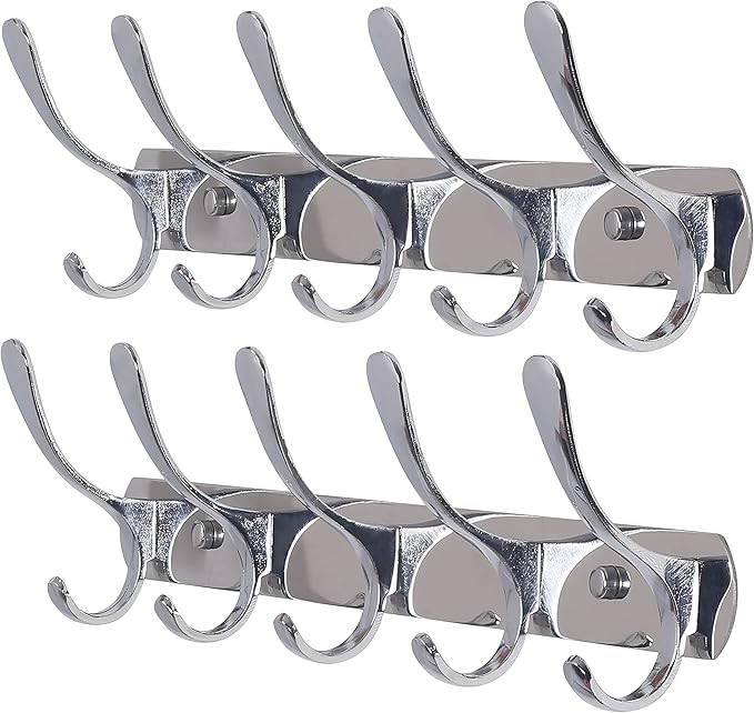 SKOLOO Coat Rack Wall Mount - Modern, Metal Wall Coat Rack with 5 Hooks, Pack of 2, Sturdy Wall Hook Rack Rail for Hanging Coat, Jacket, Clothes, Hat, Silver