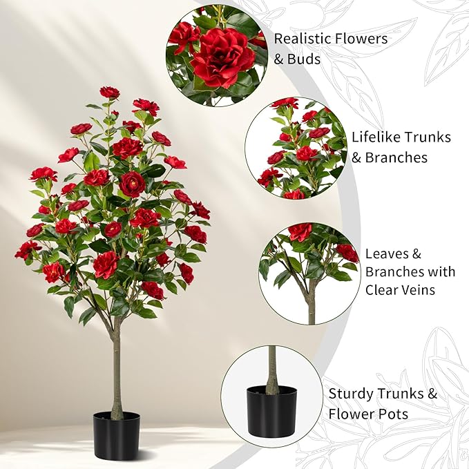 Artificial Camellia Tree 2 Pack, Artificial Plants Outdoor Faux Floral Plant in Cement Pot Fake Silk Camellia Tree Plants for Home House Living Room Office Decor