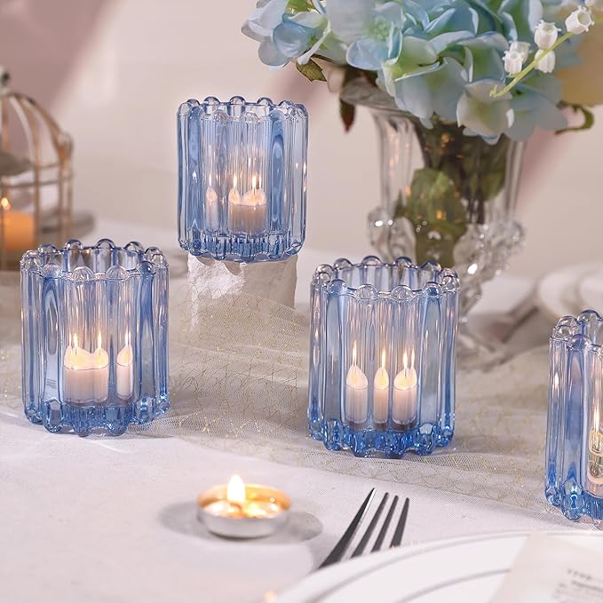 Glass Blue Votive Candle Holder, Ribbed Votive Candle Holders Set of 12, Tealight Candle Holder for Wedding Centerpieces Dinner Party Table Decor