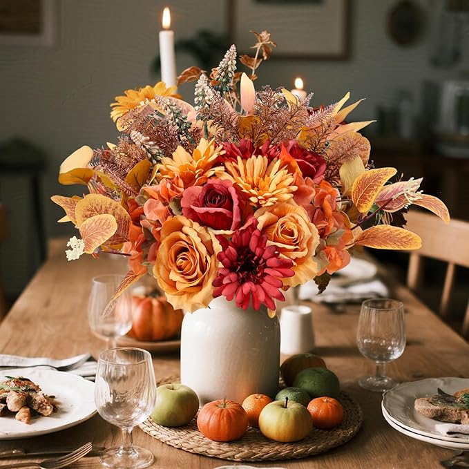 2 Pcs Artificial Fall Flowers Bouquet for Decoration, Fall Fake Silk Flower Arrangement Faux Autumn Flowers Fall Decorations for Home Indoor Office Wedding Bride Bouquets Table Centerpieces Fall Decor