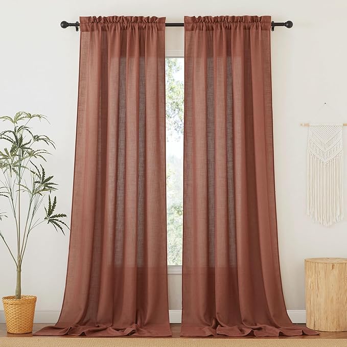RYB HOME Linen Blend Curtains 102 inches Long for Living Room Home Office, Thick Heavy Textured Rod Pocket Light Filtering Machine Washable, W 52 x L 102 inches, Terracotta, 2 Panels