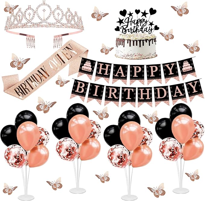 Rose Gold Black Birthday Decorations for Girls Women - 54pcs Happy Birthday Banner, Crown Sash, Cake Topper, Confetti balloons, 3D Butterflies Decor, 4 Balloon Stands kits