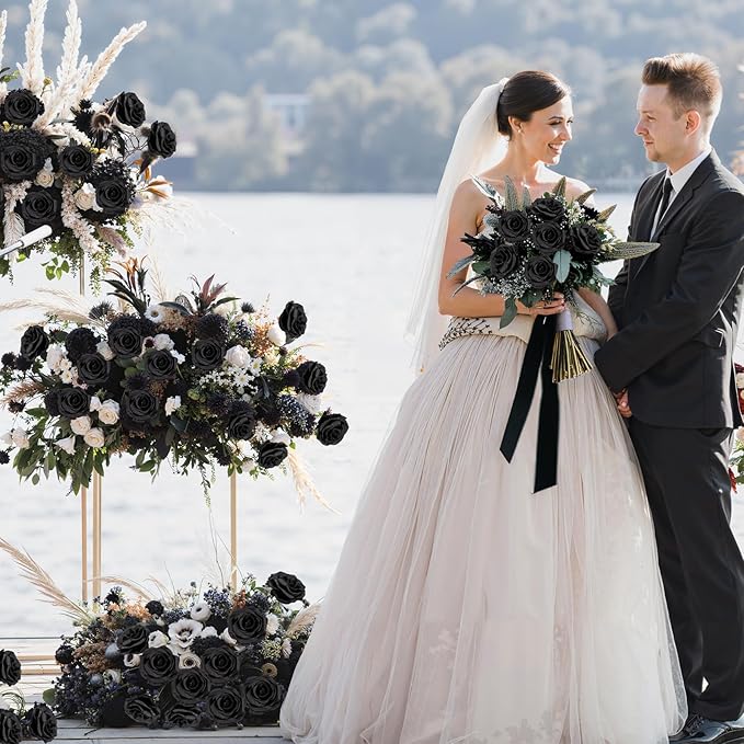 Ouddy Decor 50 Pcs Artificial Black Roses Bulk Realistic Fake Silk Flowers with Long Stems for Fall Halloween Wedding Bridal Bouquet DIY Table Centerpieces Arrangement Valentines Home Decor