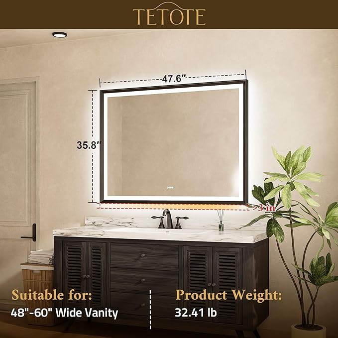 TETOTE 48x36 LED Bathroom Mirror with Lights Black Frame Frontlit & Backlit Lighted Vanity Mirror Baroque Gothic Anti Fog Dimmable White/Warm/Natural,CRI90+,Waterproof,(Horizontal/Vertical)