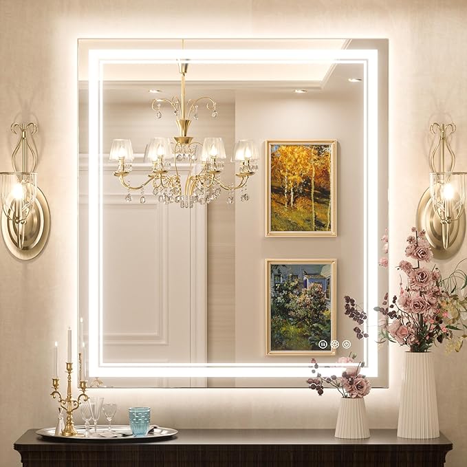 Keonjinn LED Bathroom Mirror 32" x 36" Frontlit and Backlit, Large Stepless 3 Colors Temperature & Dimmable Wall Mirror, UL Listed LED Driver Double LED Strip, Anti-Fog Frameless Tempered Glass Mirror