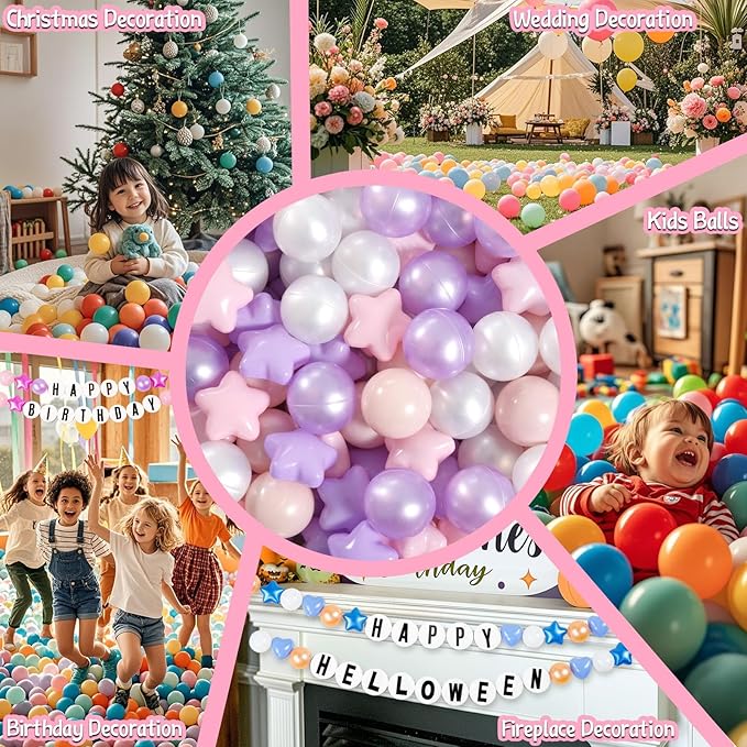 GOGOSO Pink and Purple Star Pit Balls for GirlsToddlers for Playhouse, Baby Pool, Play Ball Fun Centers, for Babies, Kids, Toddlers 1-3, Phthalate Free BPA Free