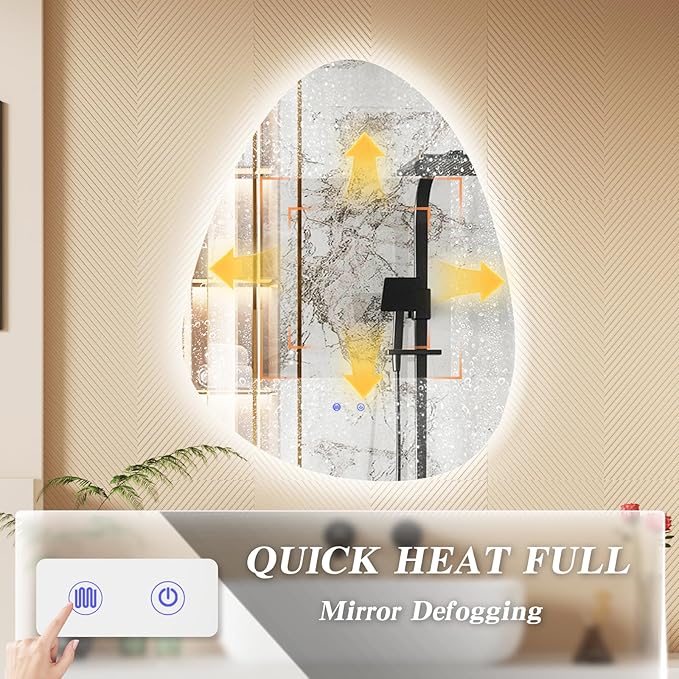 QDSSDECO Irregular LED Bathroom Mirror with Lights,Asymmetrical Led Bathroom Vanity Mirror for Wall with Front and Backlit, Anti Fog, 3 Colors and Dimmable Light, 22" x 28"
