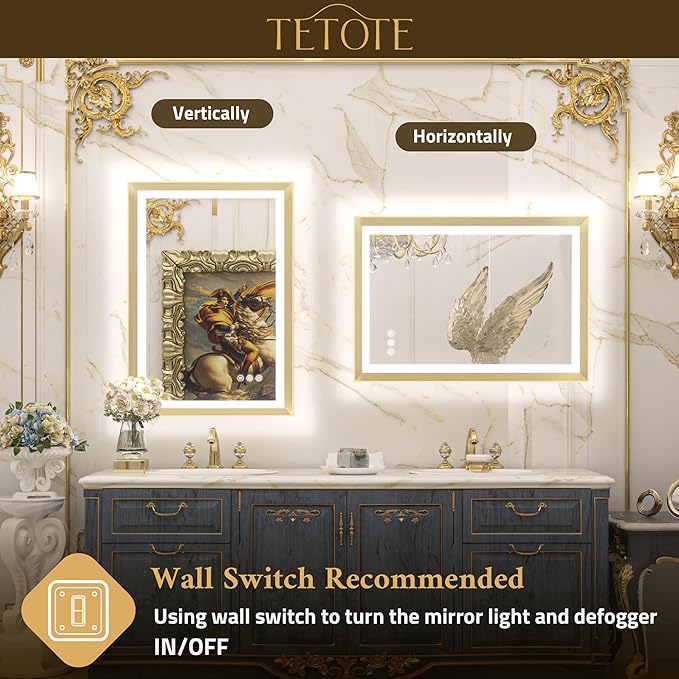 TETOTE Gold LED Bathroom Mirror with Lights 72x32 Front & Back Light Vanity Framed Mirror Baroque Anti Fog Dimmable White/Warm/Natural,CRI90+,Waterproof,Wall Mounted(Horizontal/Vertical)
