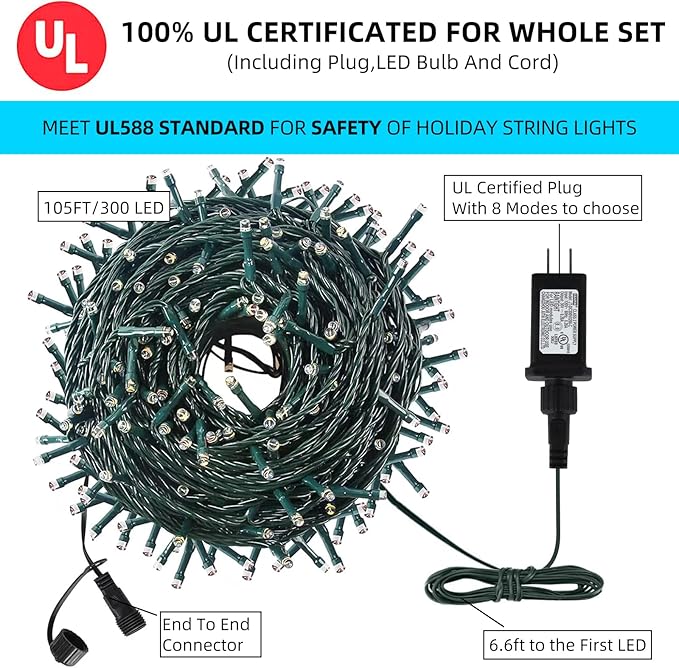105FT 300LEDs Christmas Lights Outdoor Indoor String Lights 8 Modes Memory Function for Christmas Tree Party Decoration, 100% UL Listed (4 Sets CONNECTABLE) Multi-Color