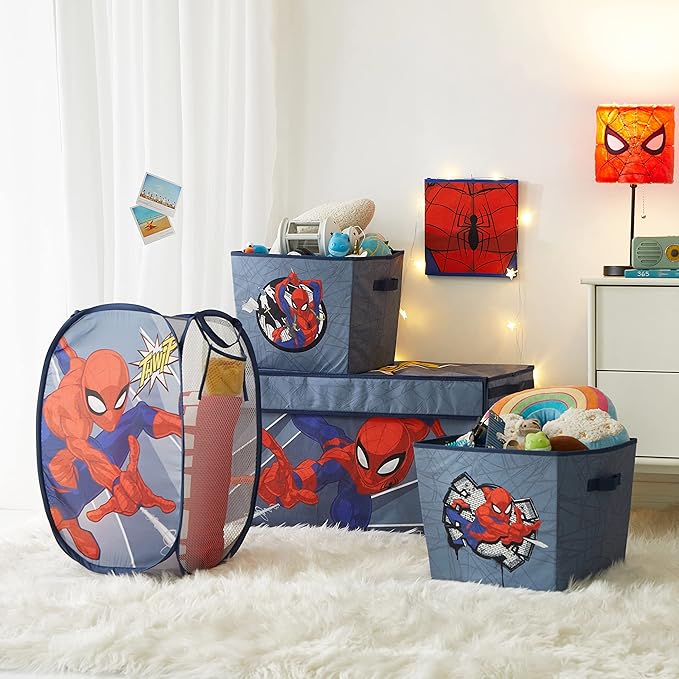 Idea Nuova Marvel Spiderman Toy Storage Trunk for Kids,Collapsible Organizer with Soft Lid, Durable Fabric, 28.5x14.5x16, Blue Chest for Bedroom & Playroom