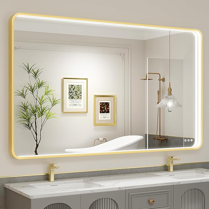 60x36 Inch LED Bathroom Mirror with Lights, Gold Metal Framed LED Mirror for Bathroom, 3 Colors and Stepless Dimmable Wall Mounted Lighted Bathroom Vanity Mirror, Anti-Fog, Memory