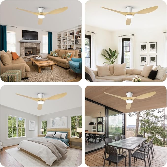TALOYA 52 inch Ceiling Fans with Lights and Remote, Flush Mount Low Profile Ceiling Fan with Reversible DC Motor ABS Blades for Bedroom Living Room Kitchen Light Oak Finish