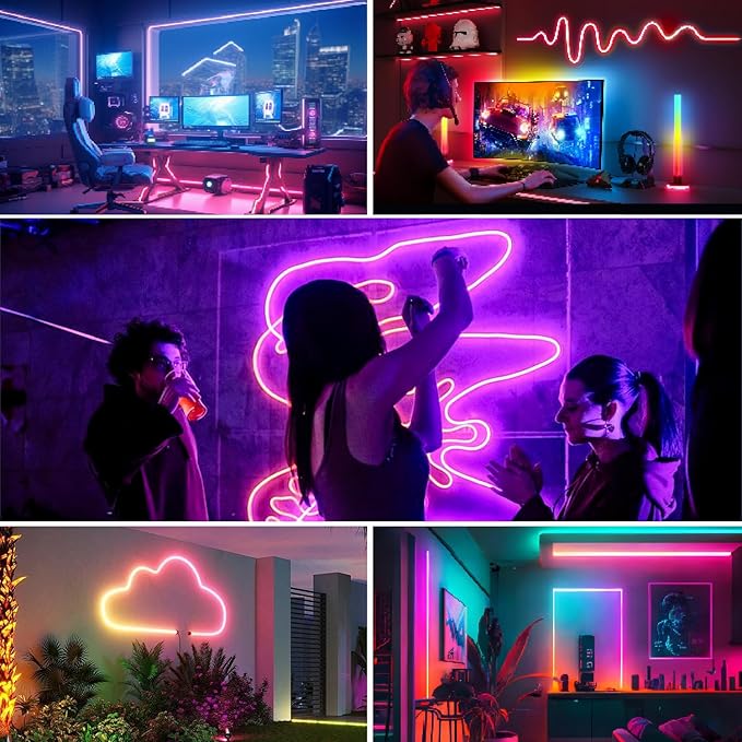 60FT Neon Rope Lights,Flexible Led Light Control with App/Remote,Multiple Modes,IP67 Outdoor Waterproof,Music Sync Strip for Bedroom