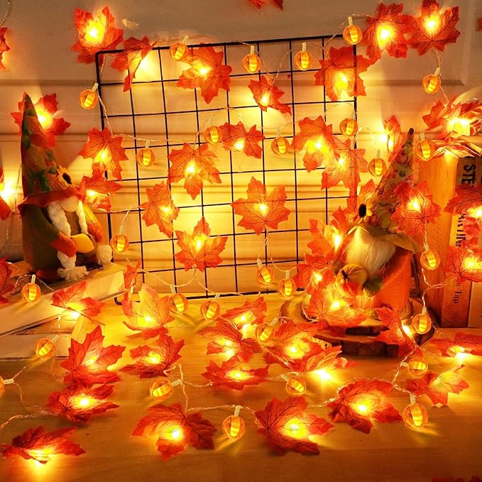 2 Pack Thanksgiving Decorations Fall Garland with Pumpkin Lights Fall Decorations for Home, Total 60 LED 20 Ft Maples Leaves Thanksgiving Lights Battery Operated Autumn Decor Indoor Outdoor Christmas