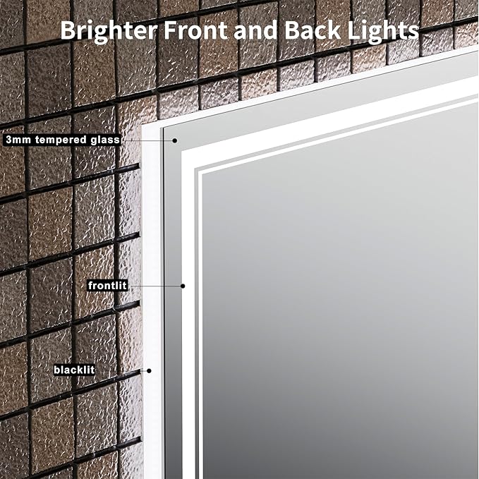 48''x30'' Lighted Mirrors for Bathroom Wall Backlit + Front Lit, Rectangular LED Bathroom Mirror Frameless with Lights Anti Fog, Dimmable, 3 Colors,Tempered Glass, Shatter-Proof