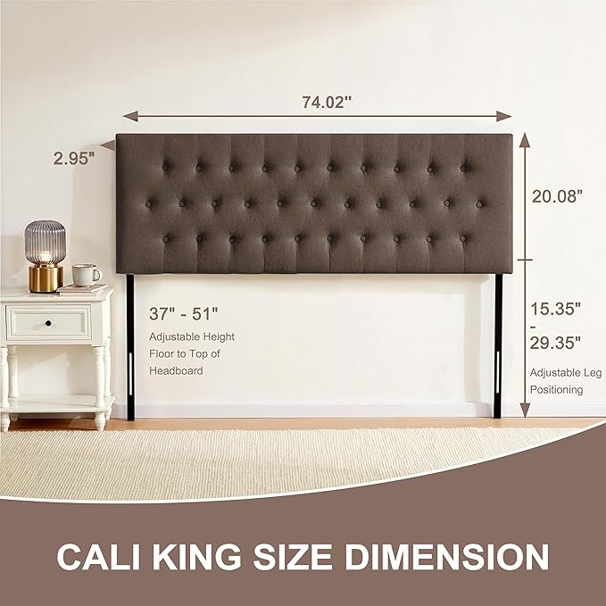 Tufted Upholstered Headboard California King, Solid Wood Head Board with Durable Metal Legs, Adjustable Height Bed headboard from 37” to 51” Fabric Headboard in Button Design, Chocolate