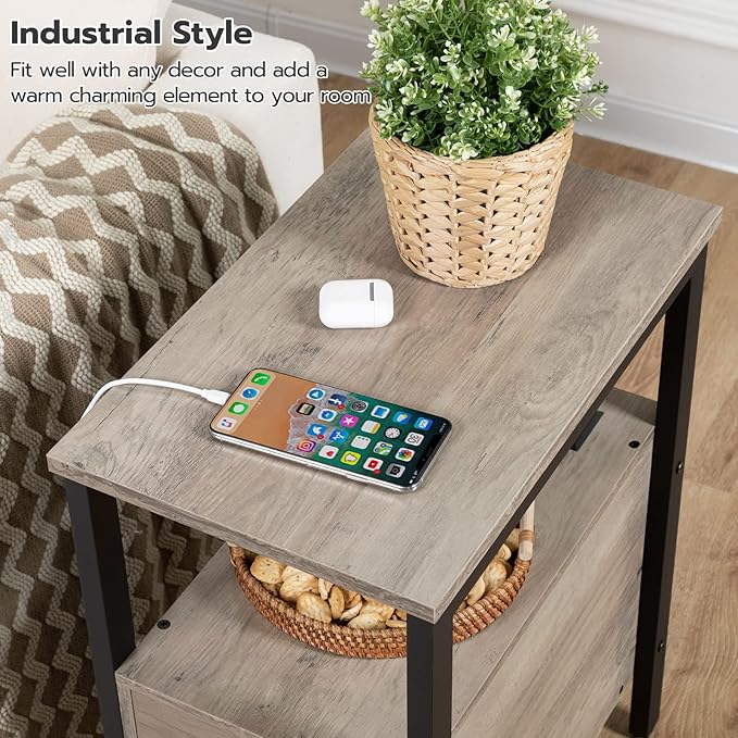 HOOBRO Set of 2 End Tables with Charging Station, Narrow Side Table with Drawers & USB Port & Power Outlets, Nightstand for Small Spaces, Living Room, Stable, Greige and Black BG541BZP201