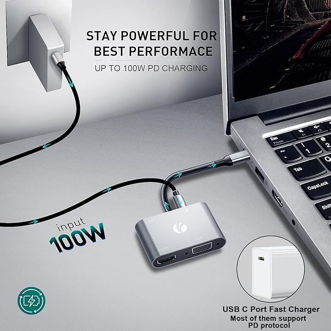 VCOM USB C to HDMI VAG Adapter, 5-in-1 USB C Hub with 100W Power Delivery, 4K HDMI, 1080P VGA, USB 3.0 Port, OTG Adapter Compatible with MacBook Air, iPad Pro, Dell XPS, Surface Pro (Grey)